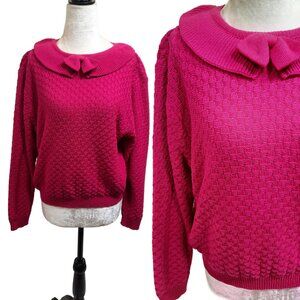 Vintage 80s D'Aillard's Collared Sweater With Bow Fuchsia Pink Coquette Size L